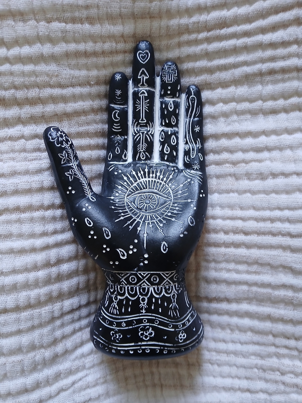 Black Decorative Palm Hand Sculpture with White Mystical Eye Design